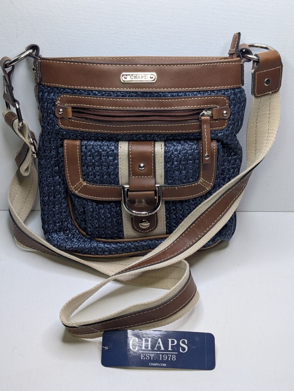 CHAPS Navy Woven Crossbody with Brown Trim And Cream Canvas Strap Accents.